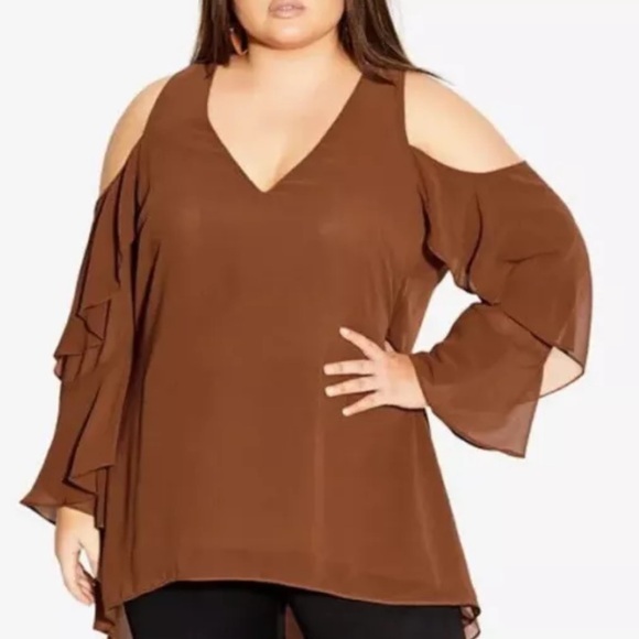 City Chic Brown Toffee Ruffled Asymmetrical Sleeveless Nveck Blouse 16 - Picture 1 of 8